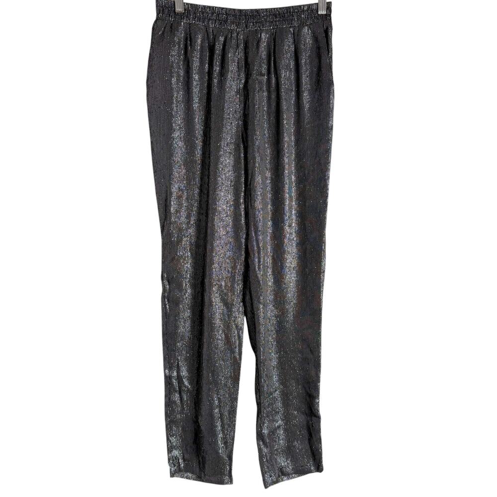 Maje Black Metallic Straight Leg Pull-On Silk Blend Dress Pants Size M